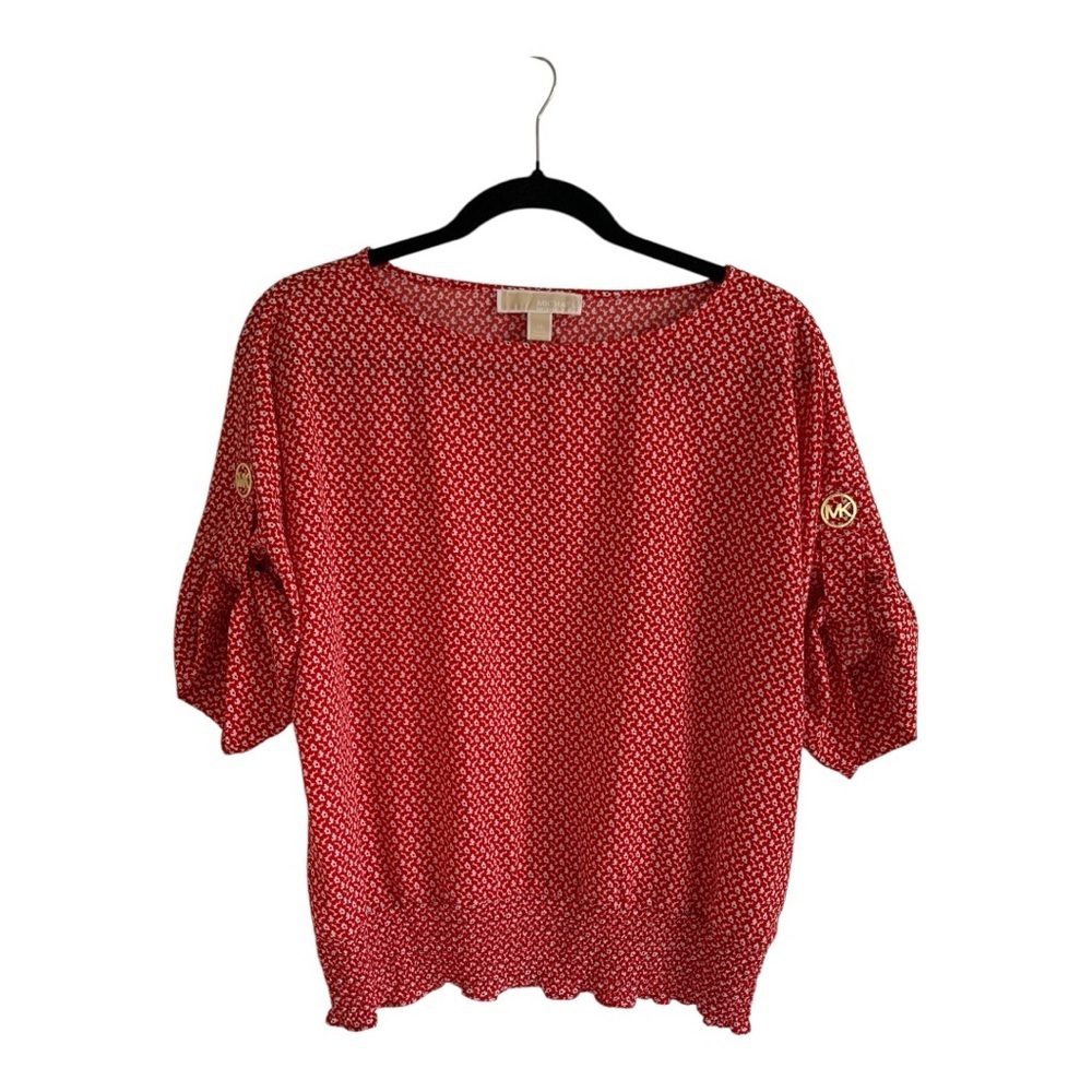 Michael Kors Dolman Sleeve Red Floral Patterned Blouse Gold Logo Accents